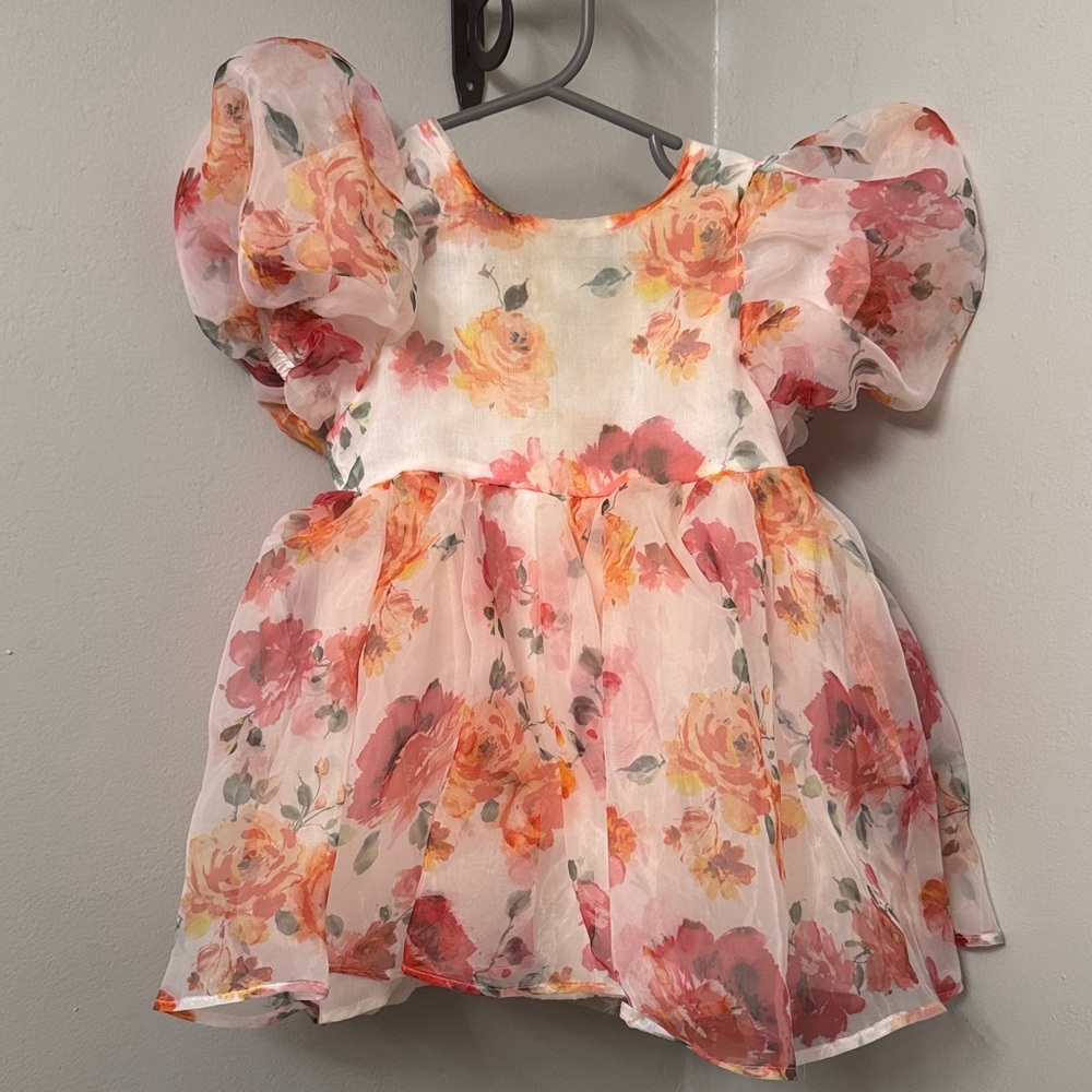 SHEIN Floral Puff Sleeve Party Dress - White, Pink, Orange, Green